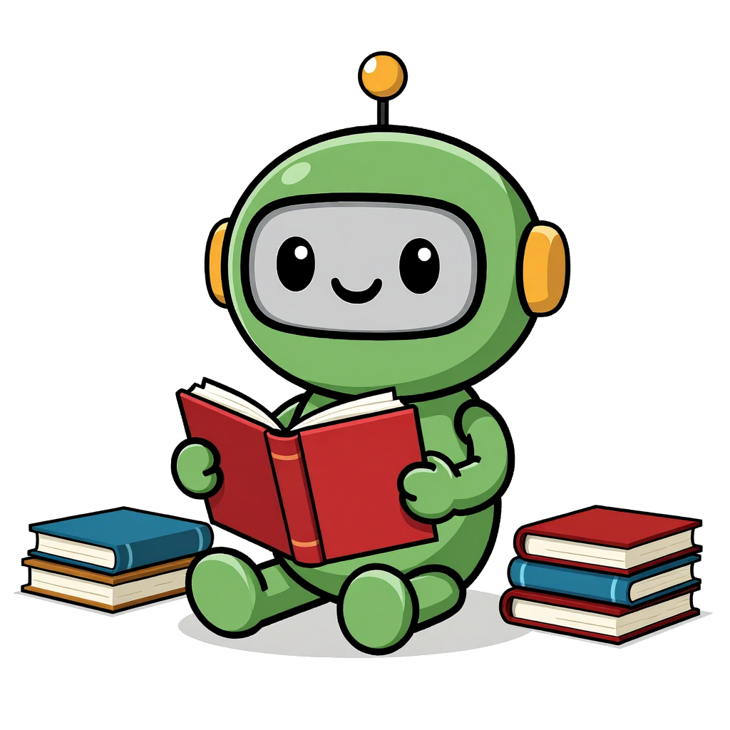 3D illustration of a friendly robot with green helmet writing in a book, surrounded by floating magical sparkles and books, whimsical pastel style